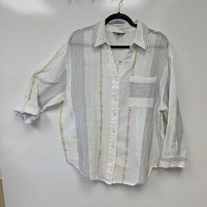 Club Z Collection Shirt Womens 2X White Metallic Stripe Button Roll Tab Top